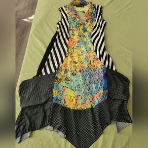 Funky Tango Mango dress Small. Pockets. Lace Stripes & Polka Dots. Lined